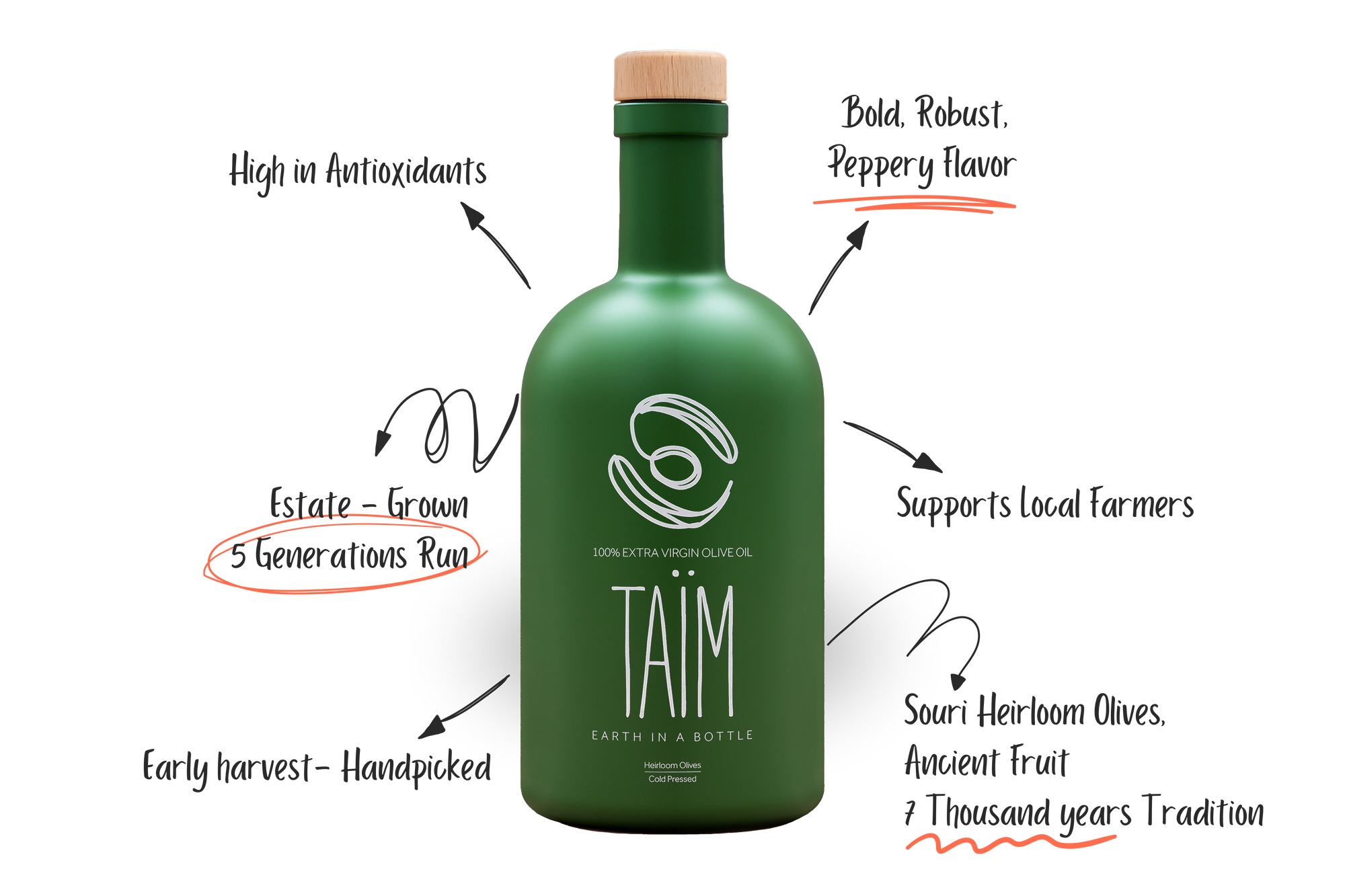 Educational graphic highlighting the benefits of Taïm extra virgin olive oil, including heirloom Souri olives, early harvest production, antioxidant content, and five generations of family farming